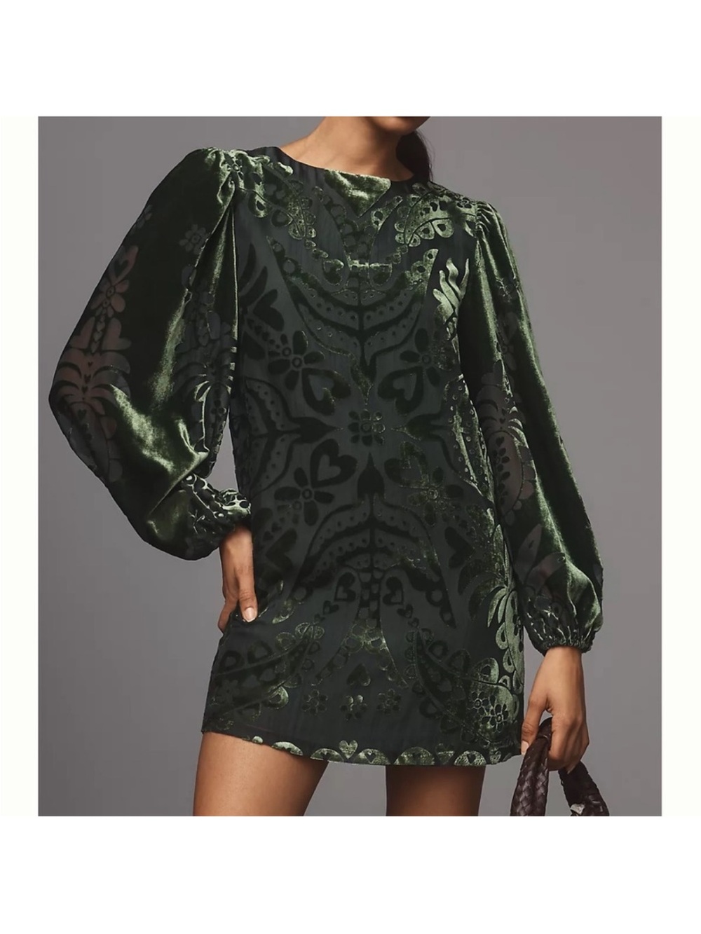 FARM RIO X ANTHROPOLOGIE LONG-SLEEVE BURNOUT VELVET MINI DRESS
